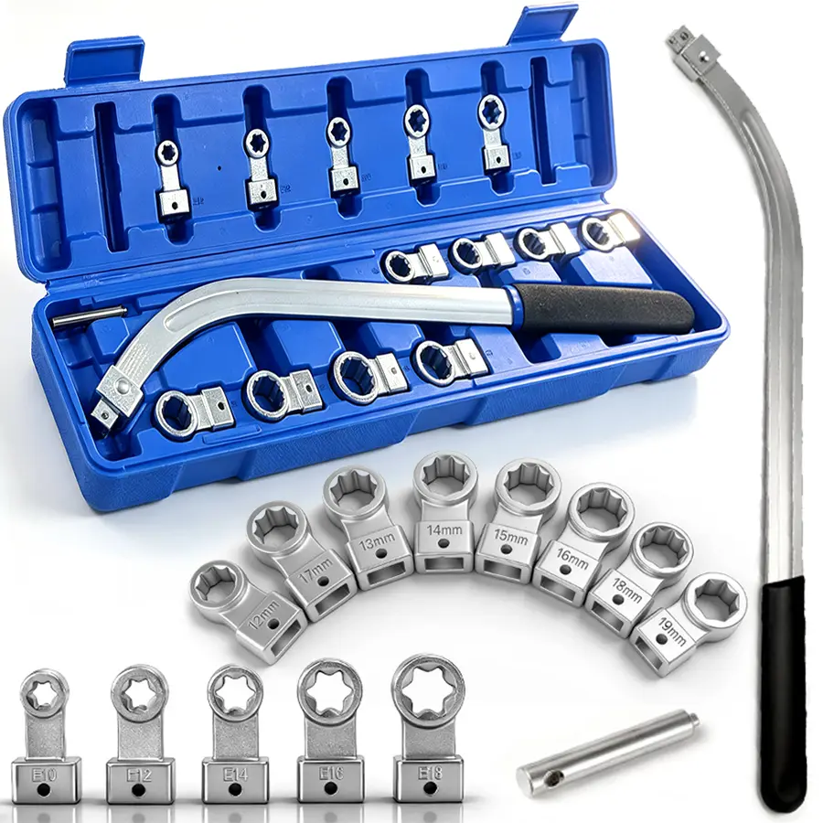 15PCS Universal Auxiliary Idler Belt Tensioner Pulley Removal Tool Kit, 12-Point 12-19mm (0.47"-0.74") Serpentine Belt Tension Pulley Wrench Set, Engine Timing Belt Tensioning Nut Bolt Screw Remover