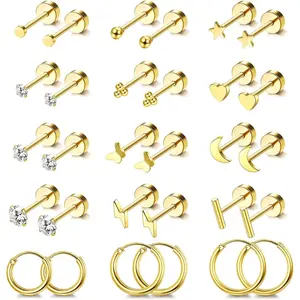 MILACOLATO Hypoallergenic Surgical Steel Earrings for Sensitive Ears 14K Plated Gold Flat Back Stud Earrings for Women Men Small Stainless Steel Stud Hoop Screw Back Cartilage Earring Set for Multiple Piercing