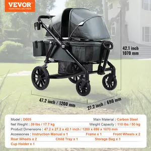 VEVOR All-Terrain Stroller Wagon, 2 Seats Foldable Expedition 2-in-1 Collapsible Wagon Stroller, Includes Canopy, Parent Organizer, Snack Tray Cup Holders, 55lbs for Single Seat, Dark Grey/Black