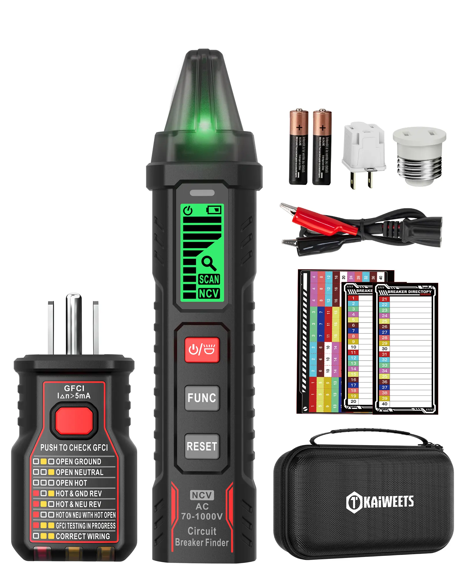 KAIWEETS Circuit Breaker Finder with LCD Display, GFCI Outlet Tester, AC 90-130V Electrical Circuit Tracer Tool with NCV Tset & Flashlight, Includes Carrying Case with Adapter, Alligator Clips -KT303P