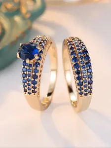 2 piece/set luxurious royal blue full-set synthetic zirconia gold-coloured six-prong ladies' ring set Ladies' classic wedding ring Commitment ring Versatile party jewellery Stackable Rings