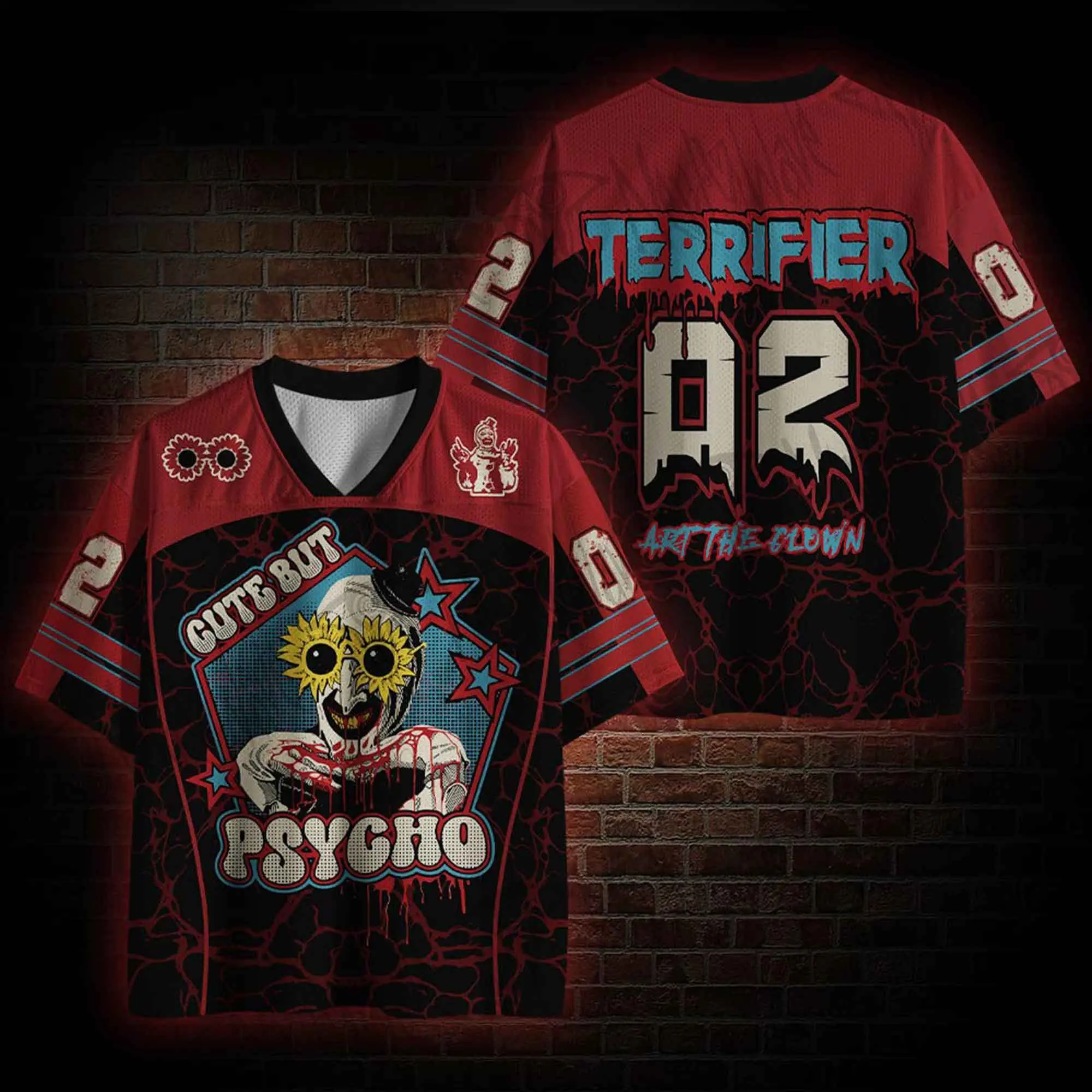 Cute But Psycho Horror Clown Mesh Baseball Jersey, Slasher Killer Custom 02 Sport Shirt, Aesthetic Spooky Season Graphic Team Uniform, Novelty Halloween Party Costume Top