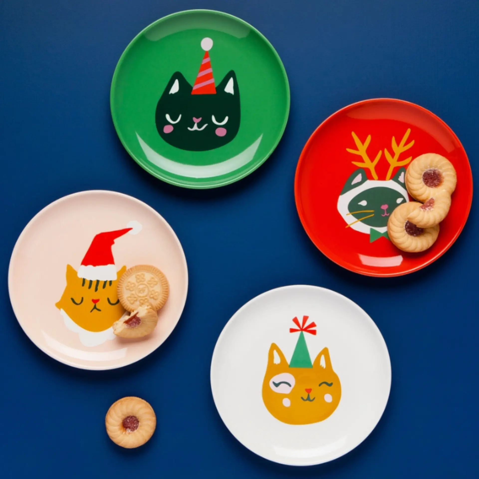 Whimsical Stoneware Christmas Family Appetizer Plates, 6.5" Size, Holiday Tableware Set of 4