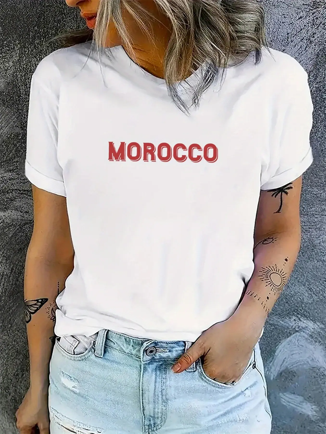 Morocco pattern print T-shirt for women-gray red c unisex soft cotton short sleeve t shirt, vintage graphic casual tee for men women teens, perfect birthday holiday gift for camping travel gym daily street  wear