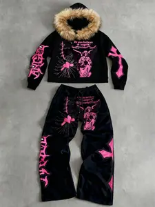 TikTok Trending Christian-Themed Streetwear Set, Matching Clothing Set, Black Cropped Hoodie & Pants with "Do you believe in angels" Graphic Print, Furry Hood Design, Ideal for Edgy Faith-Inspired Outfits During Black Friday Sales and Christmas Gift