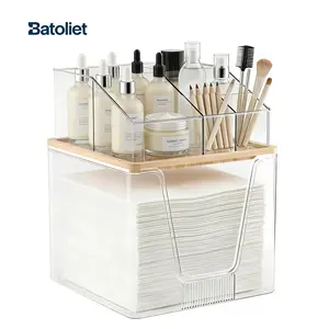 2 in 1 Disposable Facial Towel Holder and Cosmetic Organizer, Clear Storage with Bamboo Lid Compatible with Clean Skin Club Towel XL, Stackable Vanity Organizer for Bathroom Vanity Counter, 2 Tier