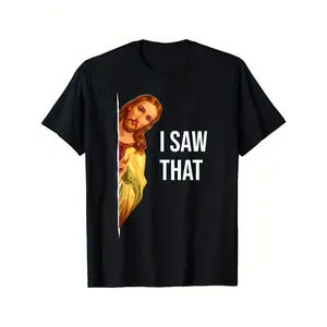 Men's "I saw that" Jesus meme T-shirt-casual black crew neck tee with graphic print, polyester, machine washable-perfect for all seasons