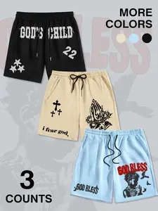 Christian Streetwear Geometric Print Casual Shorts, "God's Child" "God Bless" Religious Drawstring Sweat Shorts, Multi Color Options for Men Women, Aesthetics