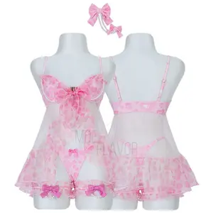 MOEFLAVOR Vday Gloomy Bear Gyaru Babydoll Lingerie Set (combined) with Hair Bow & Garters for Kawaii Valentine's & Anime Cosplay XS-4XL