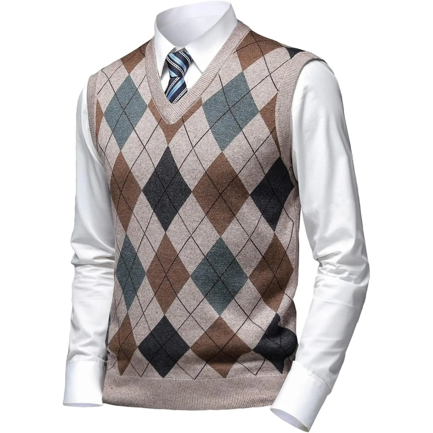 Mens Thick Argyle Sweater Vests Classic V-Neck Knitwear Sleeveless Pullover Autumn Winter Warm Tank Tops
