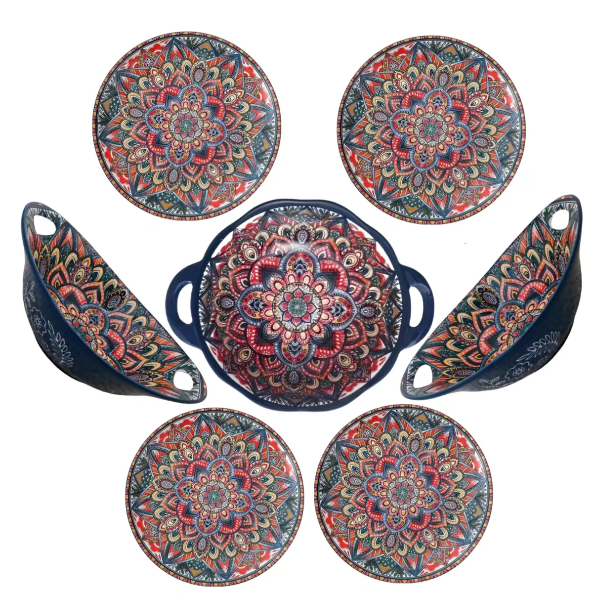 Bohemian Style Ceramic Dinnerware Set, 7-Piece Microwave & Oven Safe, Includes Dessert Plates, Pasta Bowls, Perfect for Large Families, Ceramic Dish Set, Bohemian Style Tableware