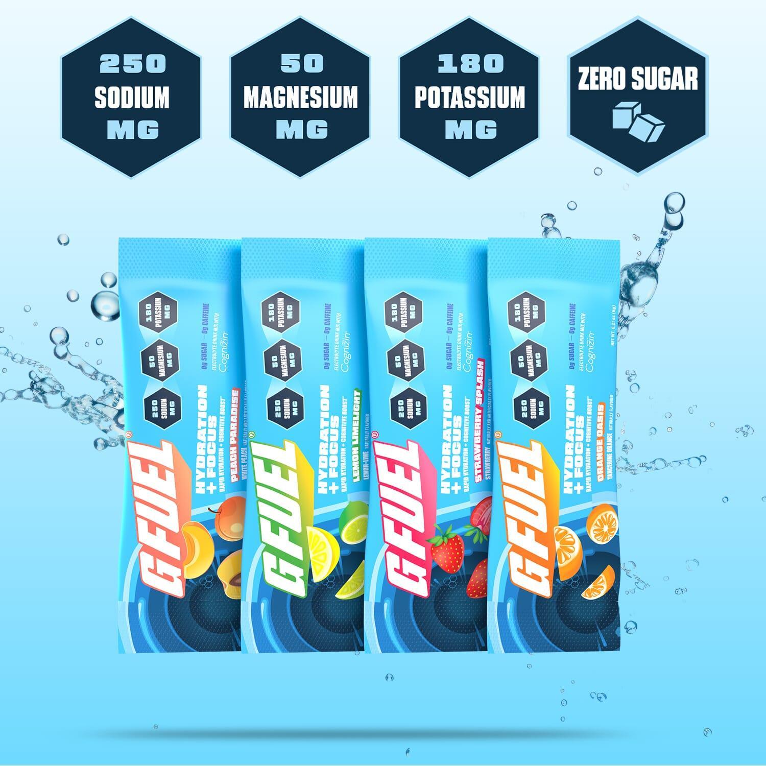 G FUEL Hydration + Focus | Powdered Drink Mix | Variety (12 Pack) | Orange Oasis | Peach Paradise | Strawberry Splash | Lemon Limelight | Zero Sugar and Zero Caffeine | Mixed with Cognizin Beverage Fruit Energy