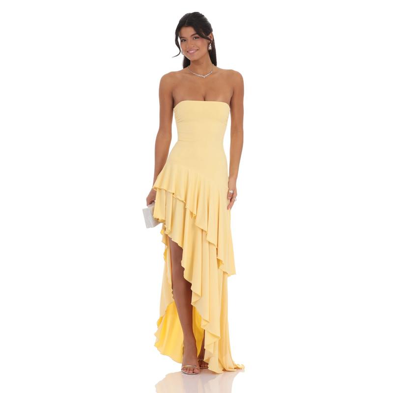 Lucy in the Sky Strapless Ruffle Asymmetrical Maxi Dress in Yellow