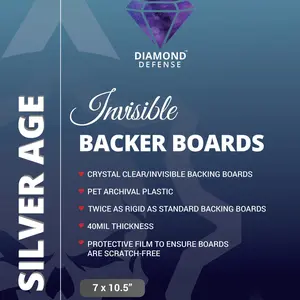 Diamond Defense Silver Age Invisible Backer Boards 7x10.5" Crystal Clear P.E.T. archival plastic, for comic books.