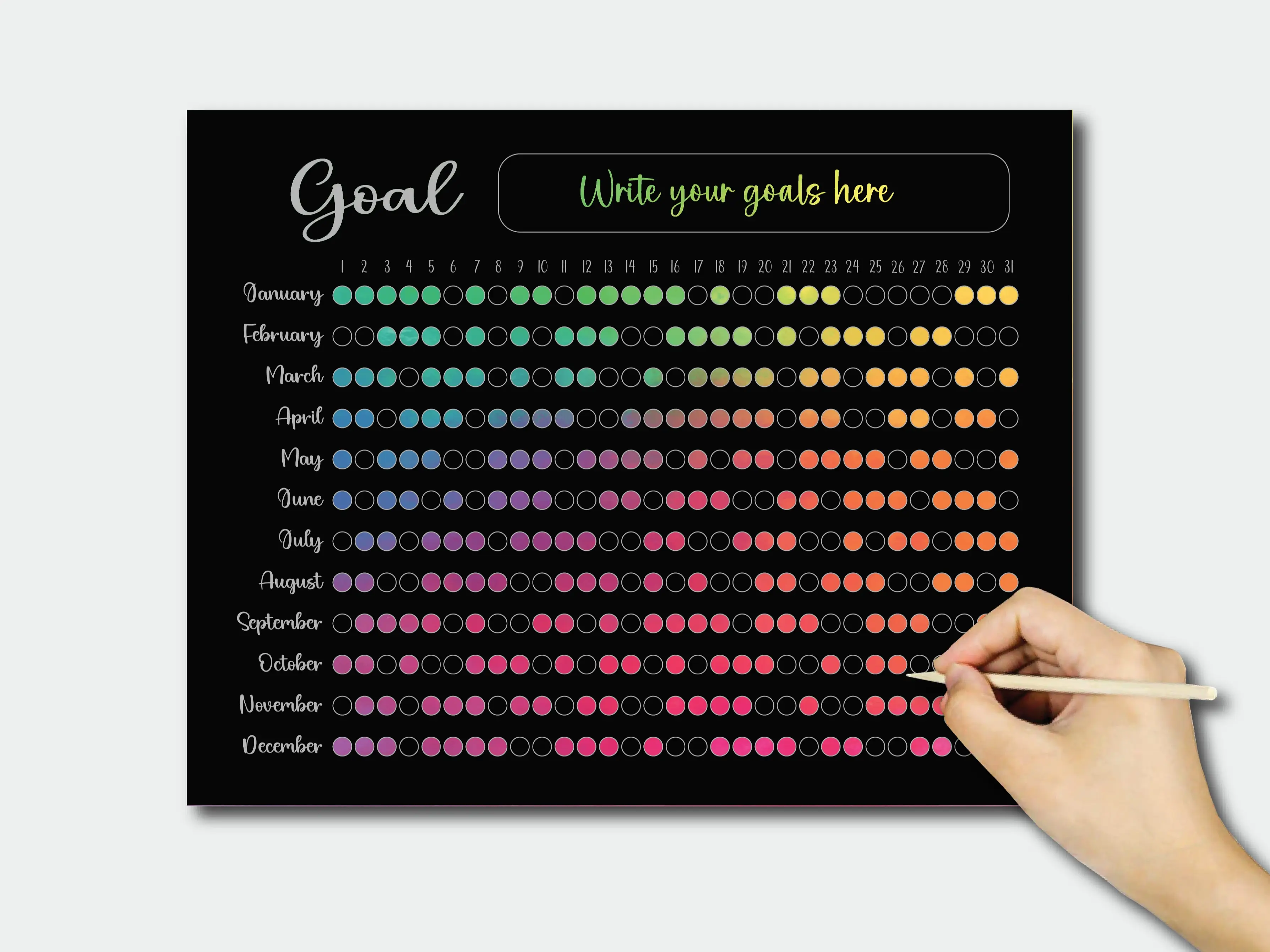365 Day Goal Tracker Scratch Off Poster, 11x14 inches, Daily Progress Calendar, Interactive Wall Calendar with Color Reveal