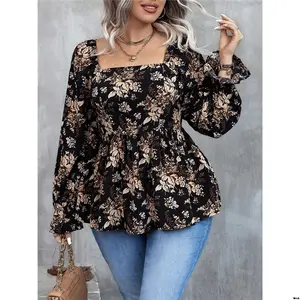 Shirt Long Sleeve Square Neck Back Gathering Print Floral Random Size Plus LUNE tiktok