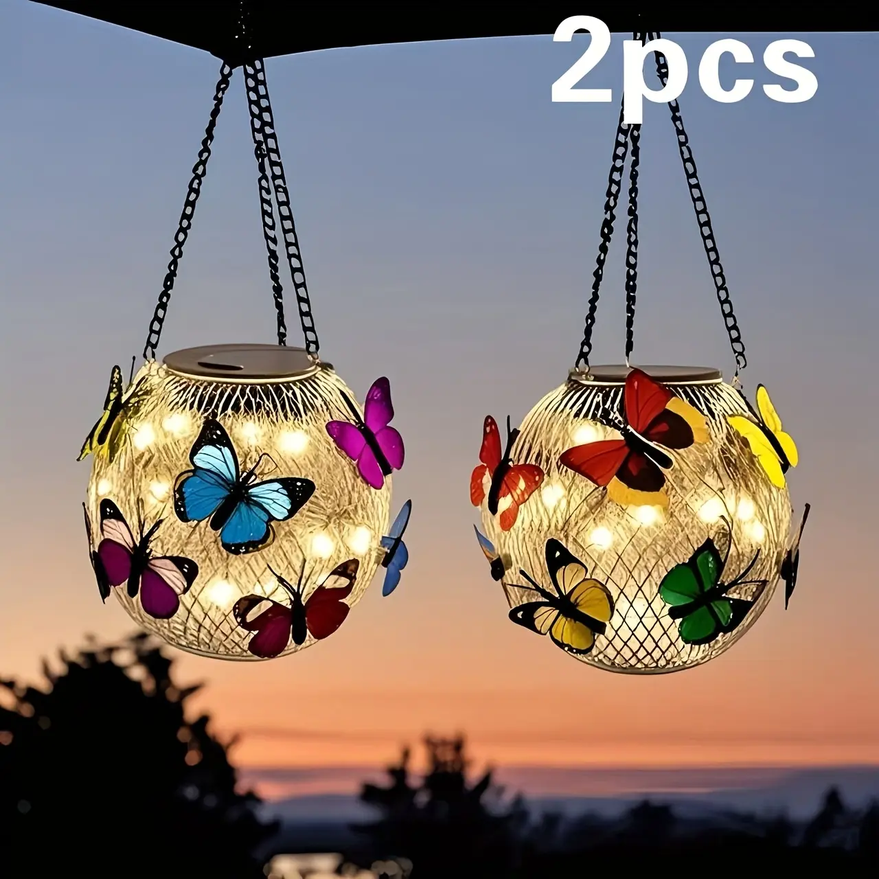 2-Pack Solar Powered Hanging Lights, Butterfly Motif Globe Lanterns for Outdoor Patio Porch Garden Decor 2-Pack Solar Powered Hanging Lights, Butterfly Motif Globe Lanterns for Outdoor Patio Porch Garden Decor