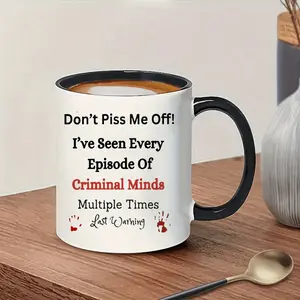 Criminal Minds TV Show Mug, Funny Gift Mug - "Don't Piss Me Off! I've Seen Every Episode of Criminal Minds" - with Blood Splatter Effects - 11oz Black & White Ceramic Coffee Cup - Hot/Cold Safe - Birthday/Christmas Gift for Fans - Dishwasher Safe