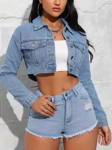 Slim fit mid water blue waist denim half cut jacket for women