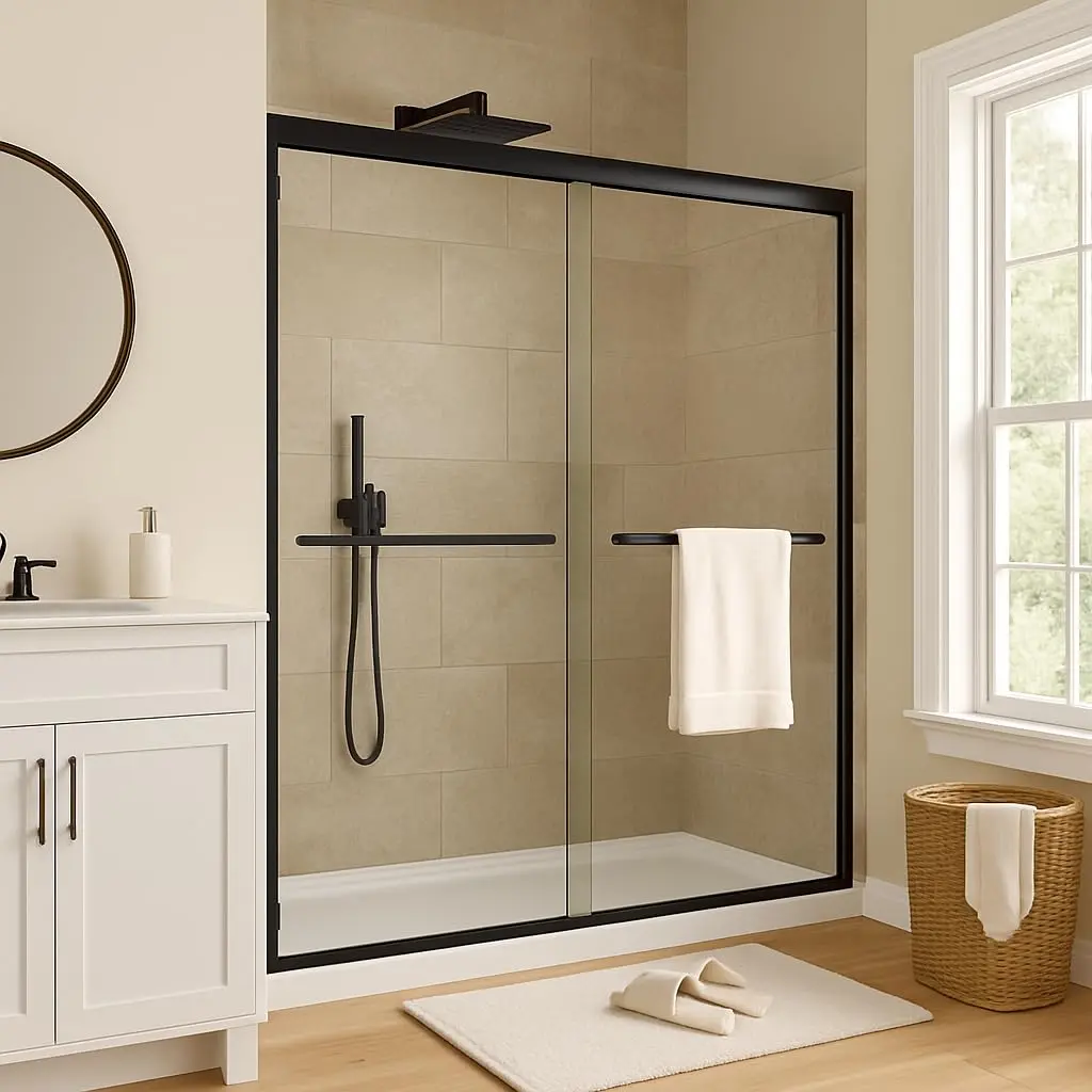 56-60 in W x 72 in H Shower Door, Semi Frame Double Sliding Shower Door,1/4 in (6 mm) Thick SGCC Tempered Glass with Explosion-Proof Film,Easy Installation,Matte Black