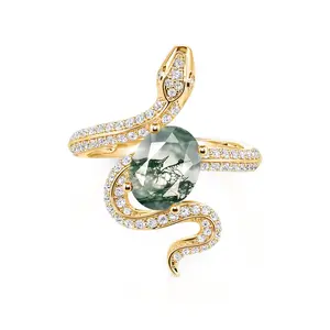 Jeulia Hug Me Gold Snake Cocktail Ring with Oval Moss Agate sparkling
