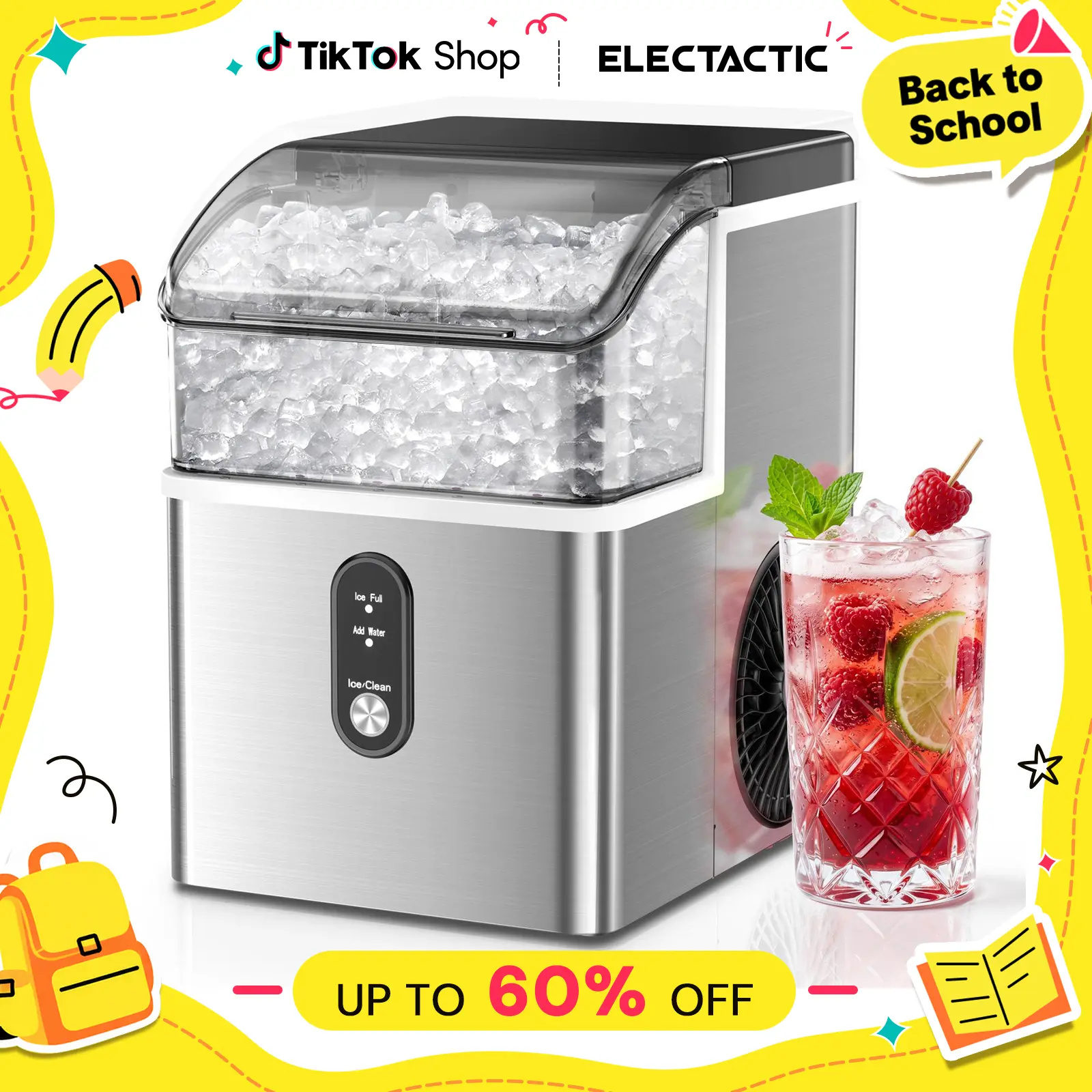 【BackToSchool】Electactic Portable Ice Maker Machine, Fast Ice Making in 6 Mins, Soft Chewable Sonic Ice Machine,Party Gift,Stainless Steel,Self-Cleaning,Quiet Operation,Compact Ice Maker for Home, Kitchen, Office, Party