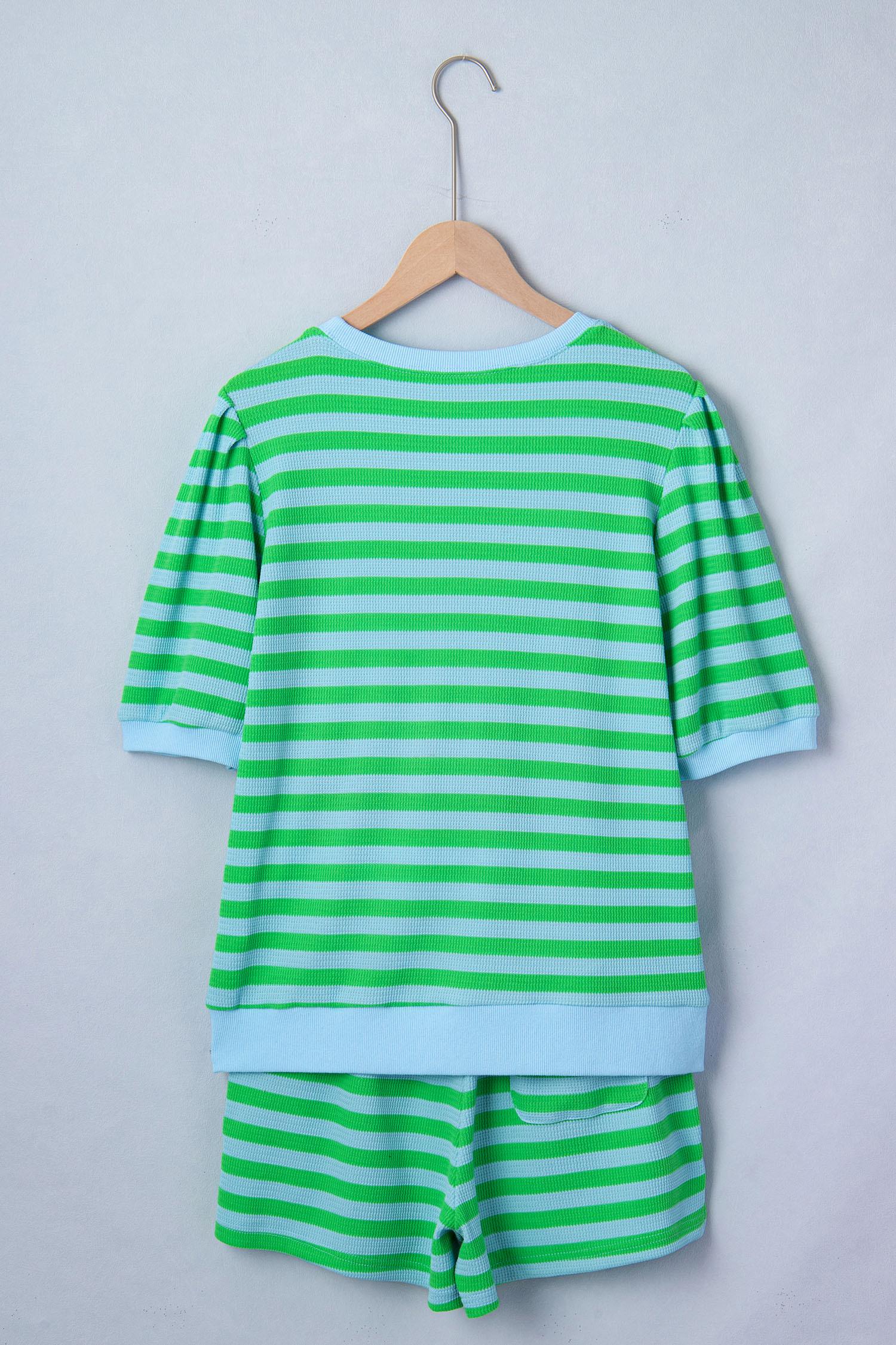 Mntaor Women’s Green Striped Puff Short Sleeve Matching Set Comfy Top Elastic Waist Shorts Perfect for Summer Vacations Beach Days Casual Outings Womenswear Clothes
