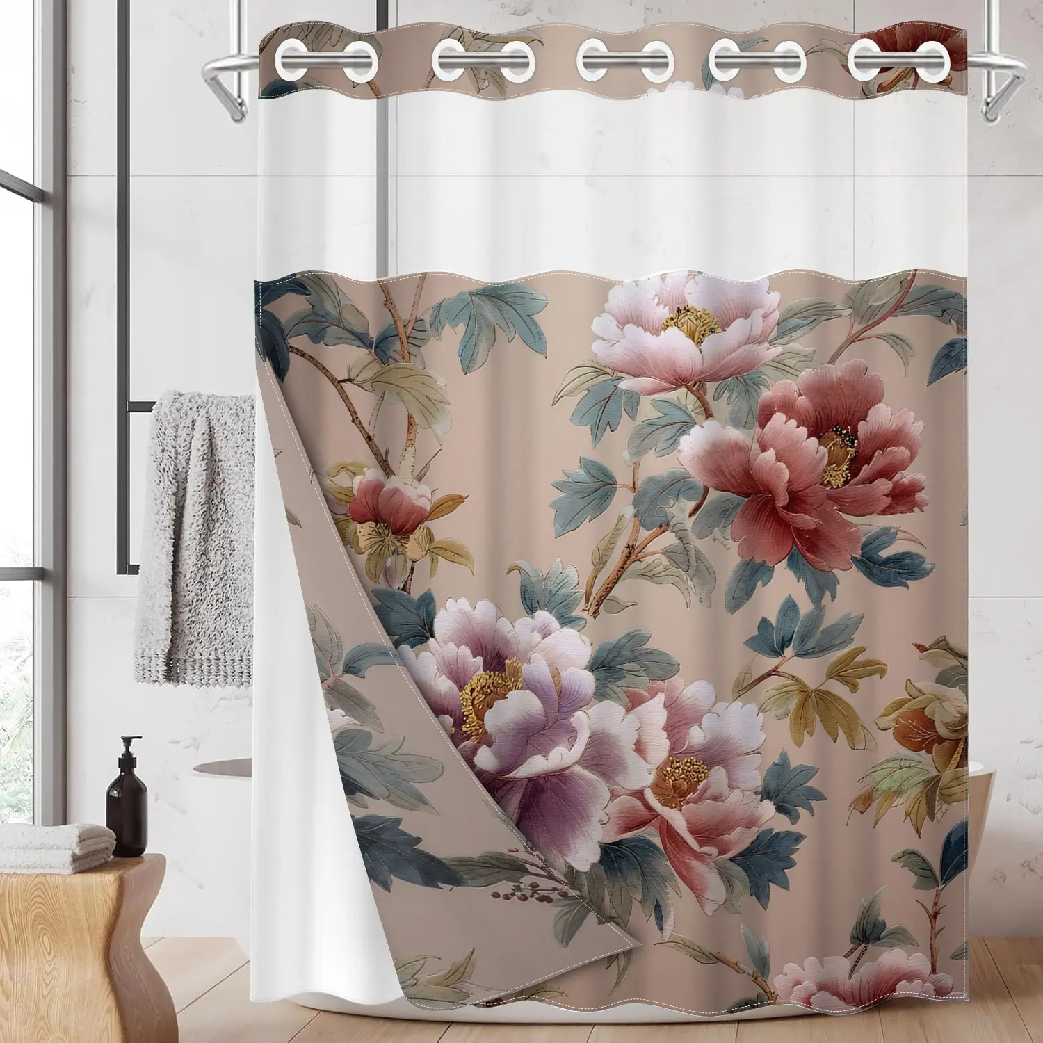 1pc 2D Flat Printing hookless shower curtain hanger liner Peony Floral Wallpaper Fabric waterproof lining shower curtain with transparent window, double-layer shower curtain, 71 x 74 inches, modern home Bathroom curtain decoration, Flowers