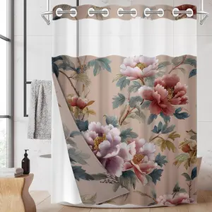 1pc 2D Flat Printing hookless shower curtain hanger liner Peony Floral Wallpaper Fabric waterproof lining shower curtain with transparent window, double-layer shower curtain, 71 x 74 inches, modern home curtain decoration, Flowers