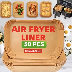 50 pieces of pre cut air fryer liner -8.66X5.51 inch non stick baking paper, suitable for multi-layer fryers, heat-resistant disposable rectangular paper, easy to clean and reusable, air fryer accessory.