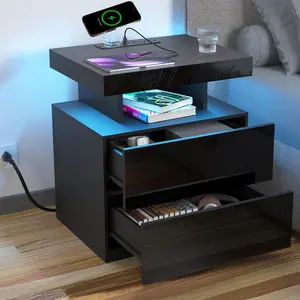 Hoffree LED Nightstand with Charging Station 2 Outlets USB Port Type C, Bed Side Table with 2 Drawers & Wireless Charging Station, Smart LED Nightstand Modern High Gloss Night Table with Light color light black bedside table