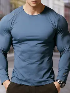 Men's Long Sleeve Sporty T-Shirt, Quick-Dry Ice Silk Material, Fitted Design for All Seasons, Casual & Outdoor Wear, Quick Dry Activewear
