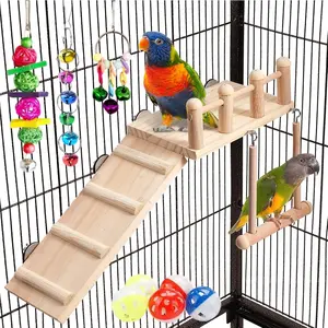1Set Bird Perches Swing & Climbing Ladder Suitable for Cockatiels, Lovebirds, Pacific Parrotlets, Chinchilla, Hamster Cage Accessories - Wood Multi-Level Swing Gym, Perch Platforms for Small Pets Exercise Stand
