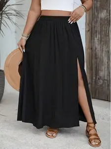 Elegant Women's Casual Loose Split Hem Solid Color Plus Size Skirt, Fashionable Daily Wear, Comfortable and Stylish Ladies' Half Skirt