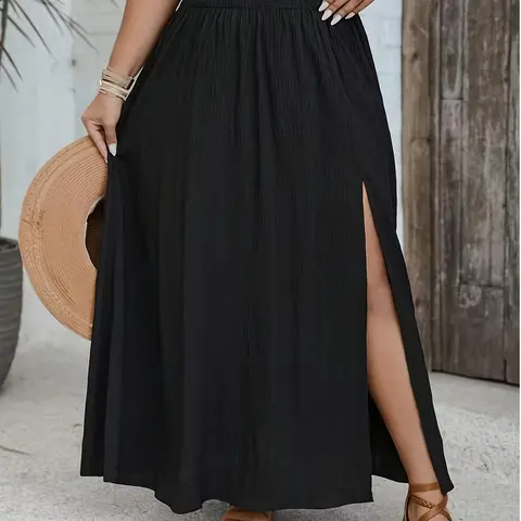 Elegant Women's Plus Size Minimalist Casual Basic Loose-Fit Slit-Hem Solid Color Maxi Skirt, Long Skirt, Fashionable Everyday Wear, Comfortable and Stylish Ladies' Skirt