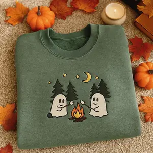 Embroidered Cute Ghosts Camping Sweatshirt, Halloween Vintage Embroidery Shirt, Spooky Season Outdoors Gifts, Halloween Outfit 2025 Gifts