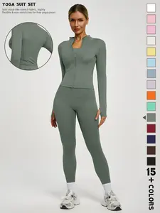 Women's New Solid Color Simple Fashion High-End Long Sleeve Quick-Dry Sports Set, Yoga Essential Jacket, Elastic Tight Yoga Pants