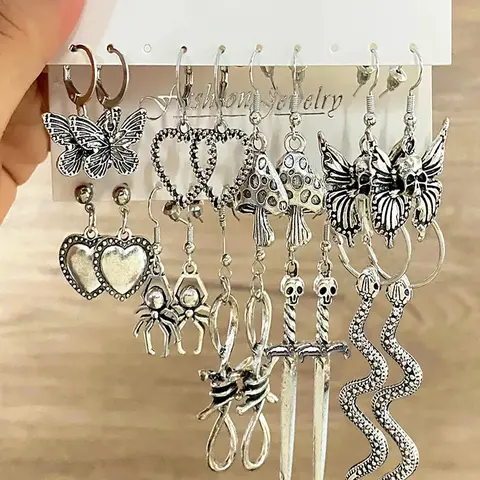 Butterfly, Heart, Mushroom, Snake, Texture Metal Design Dangle Earrings (9 Pairs) Earrings Set, Casual Alloy Jewelry for Women & Girls, Style for Party, Daily Clothing Decor, Birthday Gift