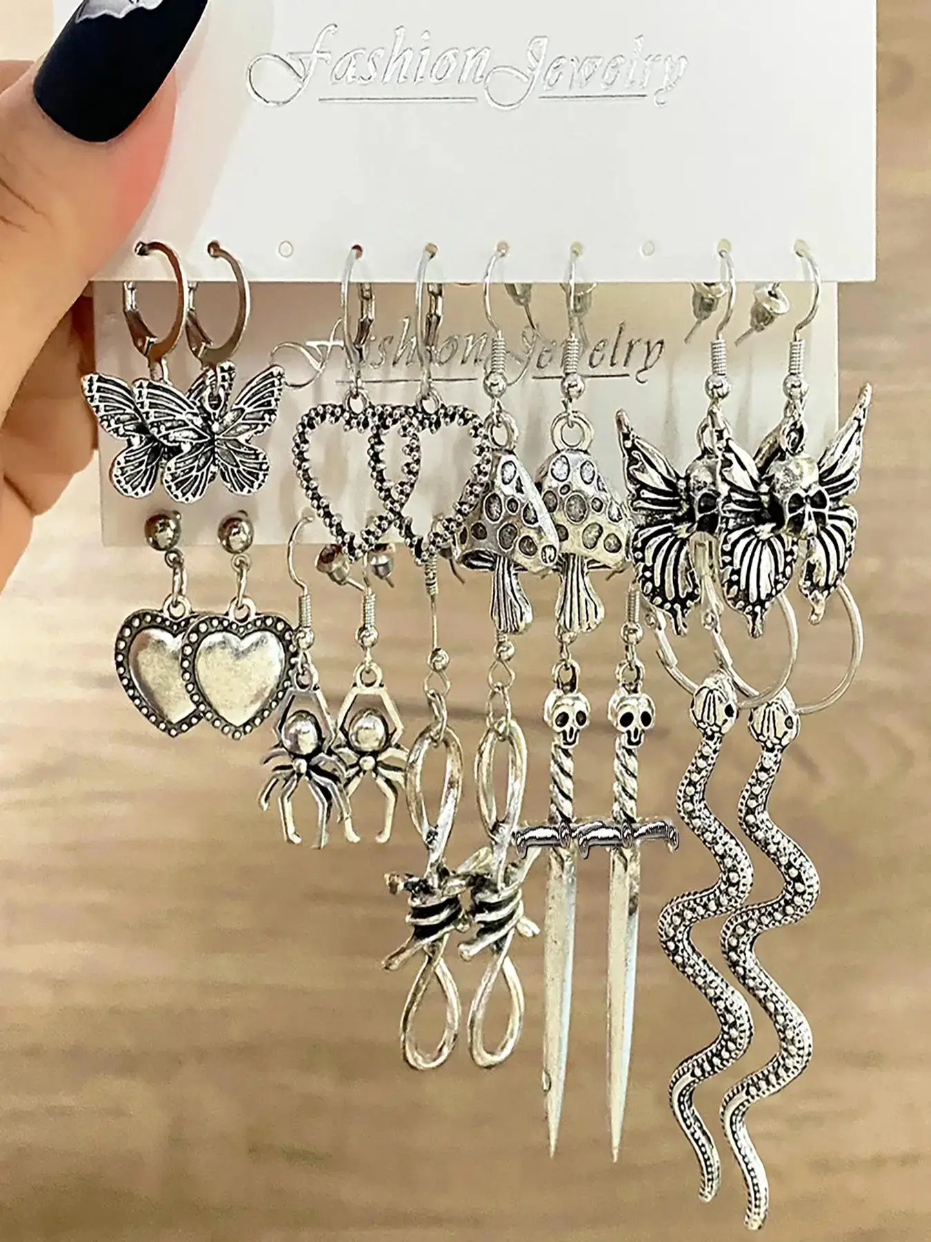 Butterfly, Heart, Mushroom, Snake, Texture Metal Design Dangle Earrings (9 Pairs), Casual Alloy Jewelry for Women & Girls, Style for Party, Daily Clot
