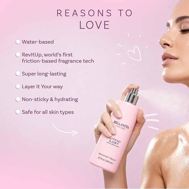 Bellavita Luxury Litchi Lust Hair & Body Mist for Women Sweet Fruity Body Spray Refreshing Hair and Body Mist Lightweight Alcohol-Free Perfume for Women 240 ML 8.12 fl oz