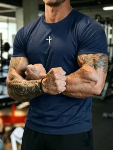 Men's Navy Blue Compression Gym T-Shirt with White Cross Logo Print, Muscle-Fit Breathable Quick-Dry Athletic Tee, 4-Way Stretch Moisture-Wicking Workout Top Perfect for Gym, Training & Urban Street Style