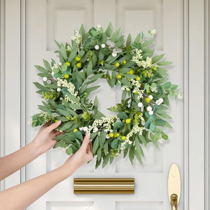Spring/Summer Green and White Berry Bouquet, Synthetic Olive Bouquet for Artificial Spring/Summer Front Door Decorative Flower Arrangement with Large Berries, Evergreen Farmhouse Greenery Bouquet - Indoor/Outdoor