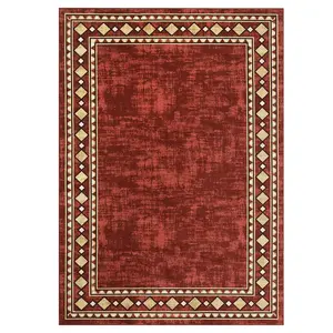8 x 10 ft Red Polyester Rectangular Modern Geometric Bordered Area Rug, Machine Washable for Living Room, Bedroom