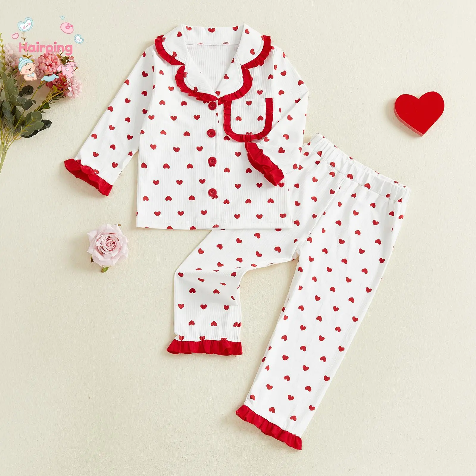 Cute Toddler Baby Girl 2-Piece Heart Print Pajamas - Ribbed Long-Sleeve PJs with Red Ruffle Trim, Soft Cotton Valentine's Day Lounge Sleepwear Gift Set