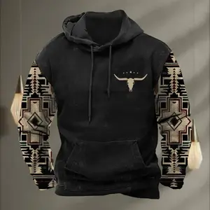 Men Western Ethnic Geometric Aztec Hoodie Men's Cow Skull Print Pullover Tops Casual Long Sleeve Street Sweatshirt