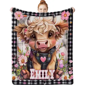 Personalized Blankets for Boys & Girls with Name Custom Highland Cow Floral Name Blanket - 50"x60" Multicolor Fleece Throw Blanket