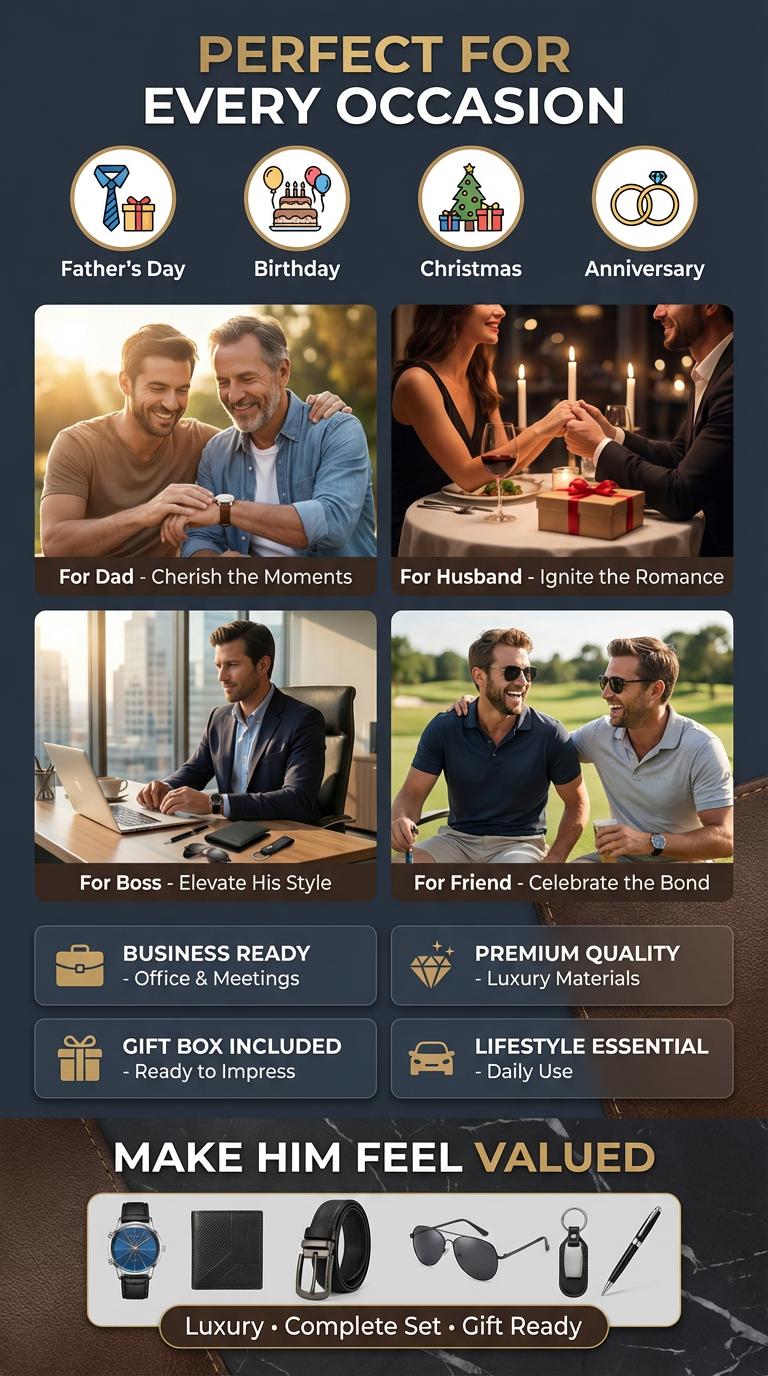 6-in-1 Luxury Men's Gift Set - Watch Wallet Belt Sunglasses Keychain Pen | Premium Business Accessories Box for Dad Husband Boyfriend Boss | Father's Day Birthday Christmas Gifts for Him