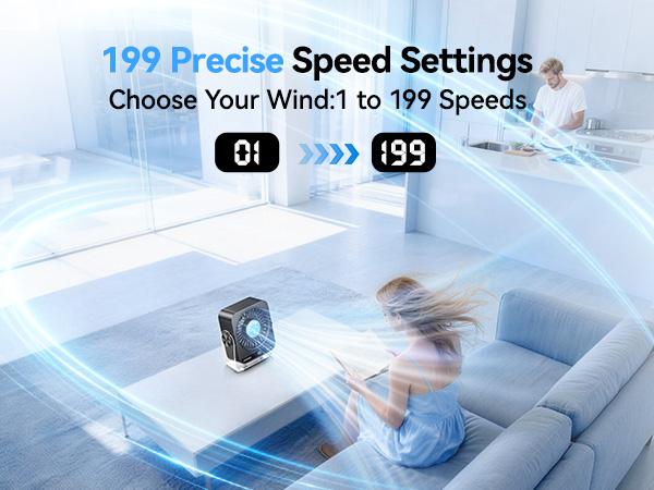 KIMMOO Desk Cooling Fan for Bedroom, 199 Speeds Turbo Airflow,, Digital Display Quiet Table Fan, 270° Rotating Small Rechargeable Battery Desktop Fans for Home Office