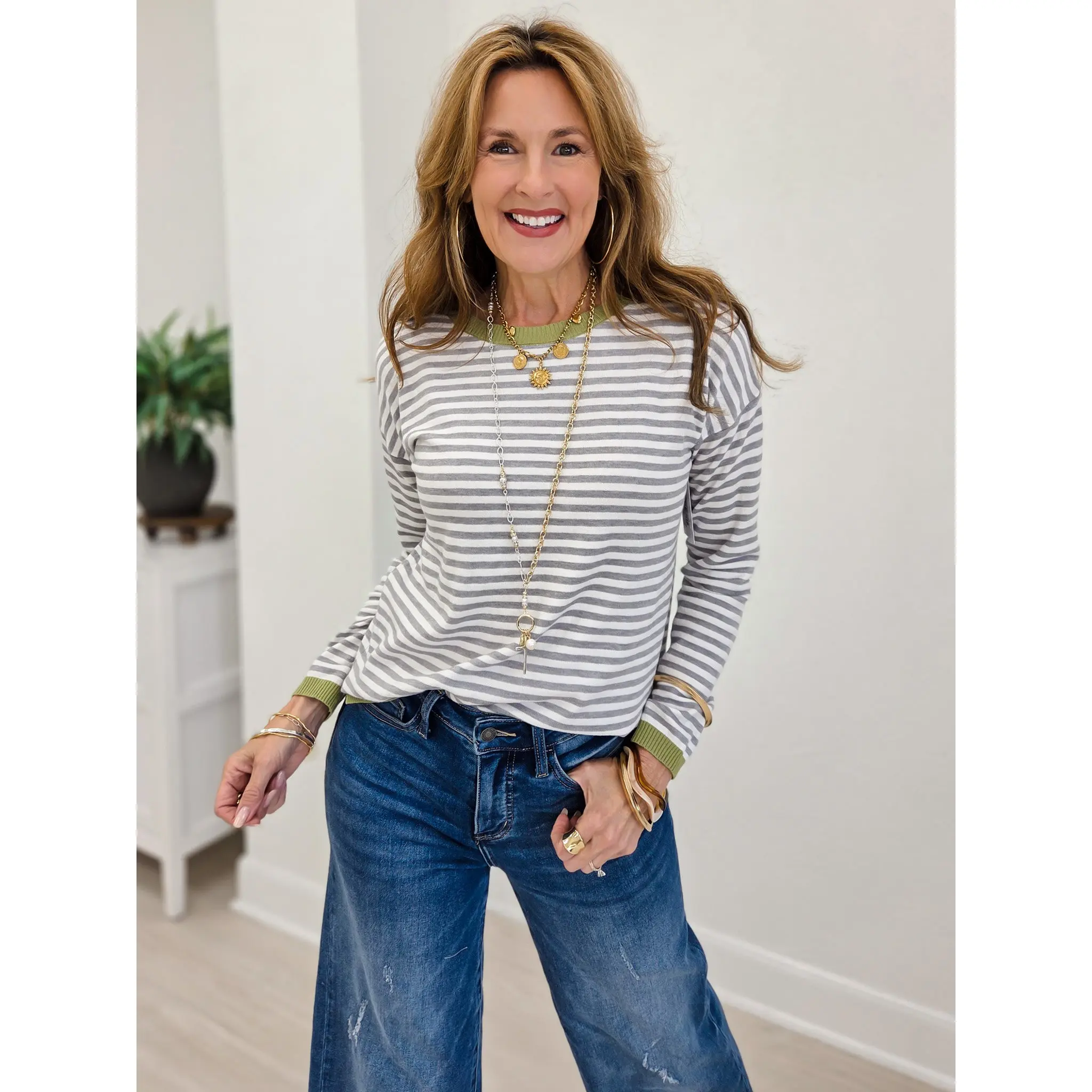 Striped Long Sleeve Crew Neck Pullover Sweater
