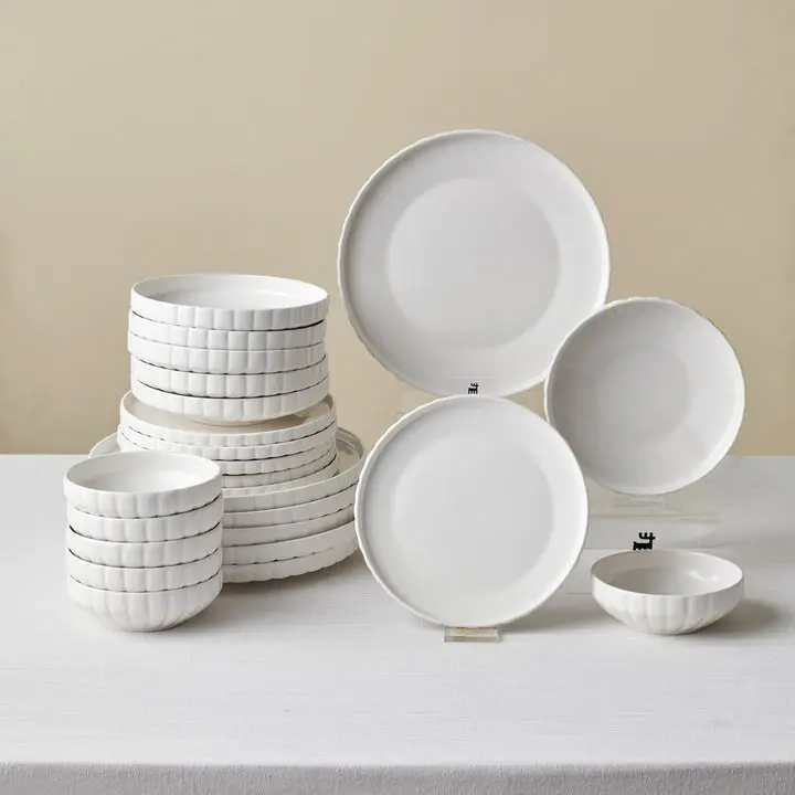 Karaca Stream Bone China Pumpkin 24-Piece Dinnerware Set for 6, White, Microwave & Dishwasher Safe
